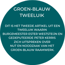 Button over tweeluik groen-blauw raamwerk